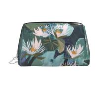 EZDLOWVBA Hand Painted Lotus Print Women Travel Cosmetic Bag Organizer Zipper Makeup Bags Pouch Toiletry,Lightweight Leather Makeup Bag