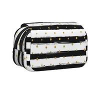 EZDLOWVBA Ink and Gold Dot Stripes Print Pencil Case Large Capacity Pen Pouch Pencil Bag with 2 Compartments Pen Holder Organizer Stationery Bag