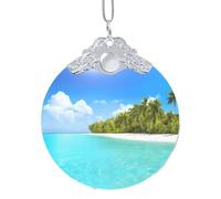EZDLOWVBA Island With Sandy Beach And Palm Tree Print Glass Round Pendant Christmas Tree Decor With Metal Buckle Hanging Xmas Accessory