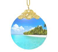 EZDLOWVBA Island With Sandy Beach And Palm Tree Print Glass Round Pendant Christmas Tree Decor With Metal Buckle Hanging Xmas Accessory