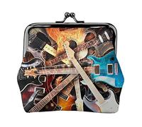 EZDLOWVBA Magic Electric Guitar Music Print Double Clasp Metal Frame Leather Kiss Lock Change Pouch Wallet for Women with Keys, Small Purses