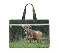 EZDLOWVBA Real Swiss Cow Brown Print Canvas Tote File Bag Suitable For Studying, Traveling, Traveling, Commuting, Etc.