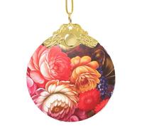 EZDLOWVBA Red Beautiful Flower Print Glass Round Pendant Christmas Tree Decor With Metal Buckle Hanging Xmas Accessory