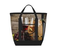 EZDLOWVBA Red Wine Galsses & Grapes With Wooden Print Large Capacity Insulated Cooler Bag,Shopper Bag,Travel Beach Reusable Grocery Bag For Adults