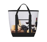 EZDLOWVBA Red Wine Galsses & Grapes with Wooden Print Large Capacity Insulated Cooler Bag,Travel Reusable Grocery Bag