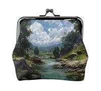 EZDLOWVBA River Scenery Print Double Clasp Metal Frame Leather Kiss Lock Change Pouch Wallet for Women with Keys, Small Purses