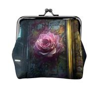 EZDLOWVBA Rose Print Double Clasp Metal Frame Leather Kiss Lock Change Pouch Wallet for Women with Keys, Small Purses