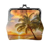 EZDLOWVBA Sunset Hawaiian Palm Tree Print Double Clasp Metal Frame Leather Kiss Lock Change Pouch Wallet for Women with Keys, Small Purses