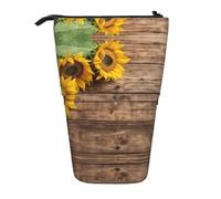 EZDLOWVBA Three Sunflowers On Wooden Print Stationery Bag for Boys & Girls, Stand Pencil Holder, Zip Pencil Case, Telescopic Case, Students & Office Middle School