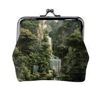 EZDLOWVBA Tropical Rainforest Waterfal Print Double Clasp Metal Frame Leather Kiss Lock Change Pouch Wallet for Women with Keys, Small Purses