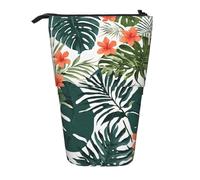 EZDLOWVBA Tropical Summer Hawaiian Flower Palm Leaves Print Stationery Bag for Boys & Girls, Stand Pencil Holder, Zip Pencil Case, Telescopic Case, Students & Office Middle School