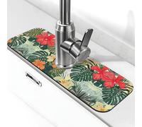 EZDLOWVBA Vegetation Leaves With Hibiscus Flowers Print Stone Faucet Mat For Kitchen Sink,Diatomite Absorbent Mat, Tap Splash Guard For Bathroom Kitchen (15" X 5.5")