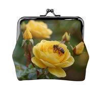 EZDLOWVBA Yellow Rose Print Double Clasp Metal Frame Leather Kiss Lock Change Pouch Wallet for Women with Keys, Small Purses