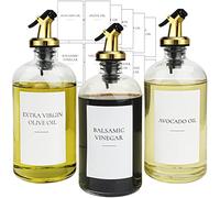 Ezebesta 3PCS Oil Vinegar Glass Dispensers 16.23oz Anti-corrosion Cooking Oil Bottles with Rust-proof Golden Pumps and Oil-proof Pre-printed Labels Kitchen Organization