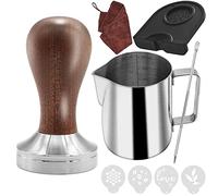 Ezebesta 51mm Coffee Tamper Set Barista Kit for Portafilter Machine Wood Espresso Tamper with Tamper Mat, Milk Jug (350 ml), Barista Towel, Latte Art Pen and Decorative Stencils