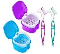 EZEELAI 2 Pack Denture Box Case with 2 Travel Brushes Set, False Teeth Container Dental Retainer Cleaning Cup Holder Denture Bath Soaking Case - Purple and Blue