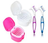 EZEELAI 2 Pack Denture Box Case with 2 Travel Brushes Set, False Teeth Container Dental Retainer Cleaning Cup Holder Denture Bath Soaking Case - White & Rose Red