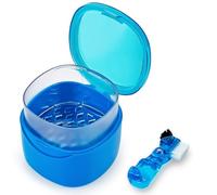 EZEELAI Denture Cleaning Case Dental Retainer Container Soaking Cup with Brush, Denture Storage Bath Box Case Cup Mouthguard Storage Holder Travel - Leak Proof with Lid Waterproof - Blue