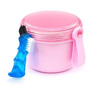 EZEELAI Leak Proof Denture Box Case with Strainer Basket and Brush, Denture Holder Cup Retainer Bath Cleaning Case for False Teeth, Aligner, Mouth Guard - Pink