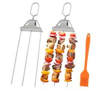 EZESO 3-Prong Kebab Skewers Kit, Stainless Steel Grill Fork with 1 Brush, 2PCS BBQ Grilling Skewers,Barbecue Accessory for Outdoor Barbecues Meat,Veggies,Marshmallow Roasting Sticks Cooking