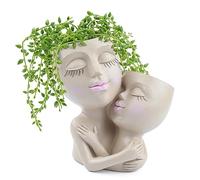 EZESO Double Face Planter Pot Girl Face Flower Pots,Cute Faces Plant Pot Art Resin Head Planter with Drainage Hole Cute Lady Face Plant Pots for Indoor Outdoor Plants (beige)