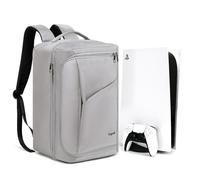 Ezgnuk Game Backpack for PS5 Console, Protective Travel Carrying Case, Large Capacity Storage Bag with Zippered Pocket for PlayStation 5, Laptop, Headphones, Game Discs and Accessories (Light Gray)