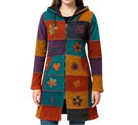 Ezhippie Women Knee Length Jacket Love Peace Floral Embroidery Zipper Hippy Long Coat, M