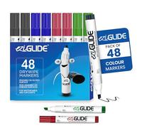 Eziglide Assorted Chisel Tip Whiteboard Pens, 48-Pack Drywipe Markers Set | No Residue Ink, Hard-wearing Fibre Medium Tip in Black, Red, Blue and Green Ideal for Whiteboards at School, Home & Office