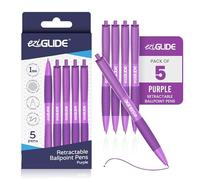 Eziglide Retractable Ballpoint Pens, 5-Pack Purple Pens For Smooth Writing | Purple Ink Ballpoint Pens with Smooth Flow & Retractable Tips for Writing, Note-Taking, Office, School & Home Use