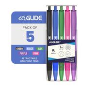 Eziglide Retractable Ballpoint Pens, Pack of 5 Pens Assorted Ink, Smooth Writing Ballpoint Pens for Writing, Note-Taking & Everyday Use, Great for Office, School & Home
