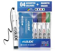 Eziglide Whiteboard Pens, 4-Pack with Magnetic Erasers, 4 Assorted Colours | Chisel Tip Black, Red, Blue & Green Drywipe Markers with Magnetic Erasers and Smudge-Free Ink for Whiteboards & School