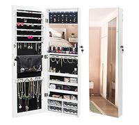 Ezigoo Jewellery Cabinet Lockable Jewelery Armoire Large Storage with Built-in LED Light & Make-up Mirror, Frameless Full-length Mirror Wall-Mounted for Home Bedroom Cosmetics Organiser White