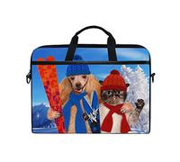 EZIOLY Poodle Dog And Cat With Skis Laptop Shoulder Messenger Bag Case Sleeve for 13 Inch to 14 inch Laptop