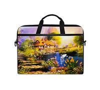 EZIOLY Sunset Log Cabin Flowers Painting Laptop Shoulder Messenger Bag Case Sleeve for 13 Inch to 14 inch Laptop