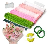 Ezitruz 500 Pcs Pipe Cleaners for Craft Set, 5 Assorted Colors Pipe Cleaners with Stamens, Flower Stems, Floral Tape, Flower Bags, Ribbon for DIY Craft Tulip Bouquet Handmade Gift Decor(Pink)