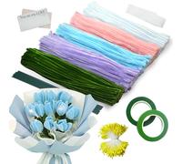 Ezitruz 500 Pcs Pipe Cleaners for Craft Set, 5 Assorted Colors Pipe Cleaners with Stamens, Flower Stems, Floral Tape, Flower Bags, Ribbon for DIY Craft Tulip Bouquet Handmade Gift Decor(Blue)