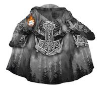 EZJCZLA 3D Mjolnir's Mens Winter Parka Jacket -Viking Thor's Hammer Knee-Length Windproof Hooded Coat with Thermal Lined Cloak & Pockets Nordic Clothing - Asgard's Legendary Gift