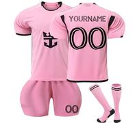 EZJOBLA Boys Football Kits, Personalised Kit Boys' Football Training Shirts Shorts and Socks with Number and Name 25/26 Home/Away Kits for Kids and Adult Football Fans Birthday Gifts Pink