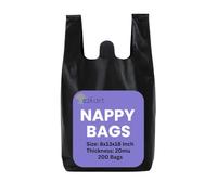 ezkart Pack of 200 - Black Strong Plastic Nappy Bags with a Comfortable Grip| Heavy Duty for Multi-Purpose Uses, Durable Sanitary Disposal Bag, 100% Leak Proof (Black-200pk, 8x13x18 Inch-20mu)