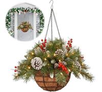 Eznaobo Artificial Christmas Hanging Basket with Red Berries, Pine Cones and 50 White LED Lights,18 inch Hanging Christmas Decorations for Indoor Outdoor Decoration Porch Patio Lawn Garden (1pc)