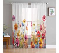 EZON-CH Sheer Curtains 2 Panels Set, Oil Painting Floral Colorful Poppies Flowers Rod Pocket Voile Fimly Drapes, Window Curtain Voile Draperies for Kitchen Bedroom Living Room Yard 52" Wx84 L