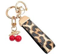 EZOOU Leopard Cherry Keychain Wrist Strap, Car Keyring with Leather Keyring | Red Cherry Charm, Leopard Print Keyring, Keyrings for Women, For Keys Bags And Purses