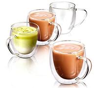 EZOWARE Set of 4 Double Wall Coffee Espresso Cup Set, 250ml Clear Glass Thermal Insulated Mug with Handles for Hot or Cold Beverages, Tea, Cocoa, Latte, Cappuccino