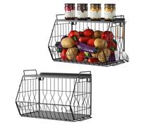 Ezprotekt 2-Pack Stackable Fruit Basket with Metal Lids, Fruit Basket, Stackable Wall Mounted Fruit Baskets, Potato Baskets Onion Storage for Kitchen, Hanging Wire Basket - Black