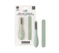 ezpz Baby-Led Toothbrush + Tongue Depressor Dual Pack (Sage) - 100% Silicone Toothbrush + Silicone/Stainless Steel Tongue Depressor - Helps Set-u