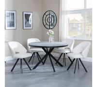 Ezra Grey 4 Seater Round Dining Set with Spider Legs - 4 Ion Cream Boucle Teddy Fabric Swivel Dining Chair