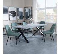 Ezra Grey Dining Set with Cross Legs - Darwin Green Fabric Dining Chair