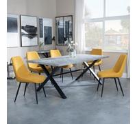 Ezra Grey Dining Set with Cross Legs - Darwin Yellow Fabric Dining Chair
