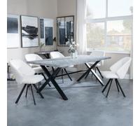 Ezra Grey Dining Set with Cross Legs - Ion Cream Boucle Teddy Fabric Swivel Dining Chair