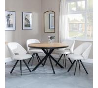 Ezra Oak 4 Seater Round Dining Set with Black Spider Legs - 4 Ion Cream Boucle Teddy Fabric Swivel Dining Chair